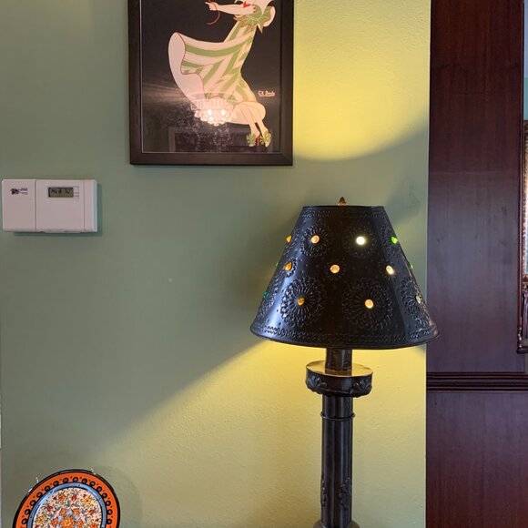 Vintage Handcrafted Mexican Punched Tin Table Lamp with Glass Marble Shade - Picture 11 of 11